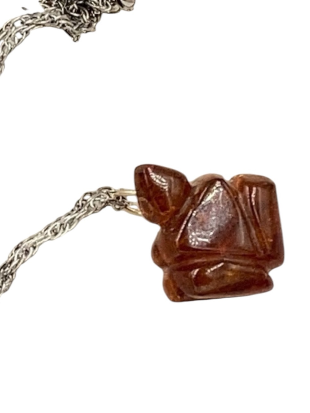 Carved Amber Frog Necklace Sterling Chain